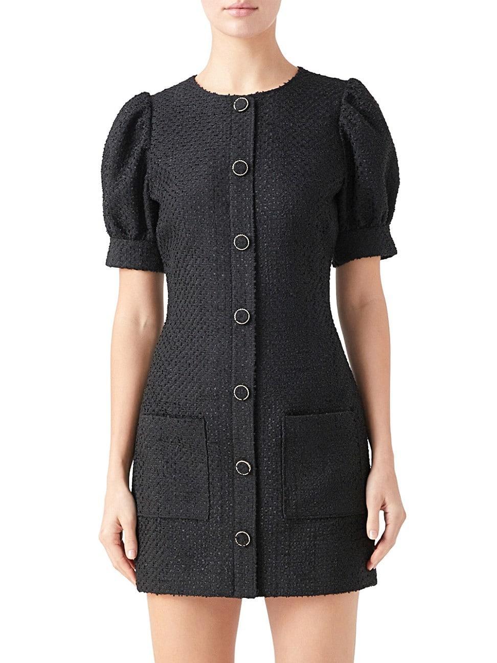 Endless Rose Puff Sleeve Tweed Button-Up Minidress in Black at Nordstrom, Size Medium Product Image