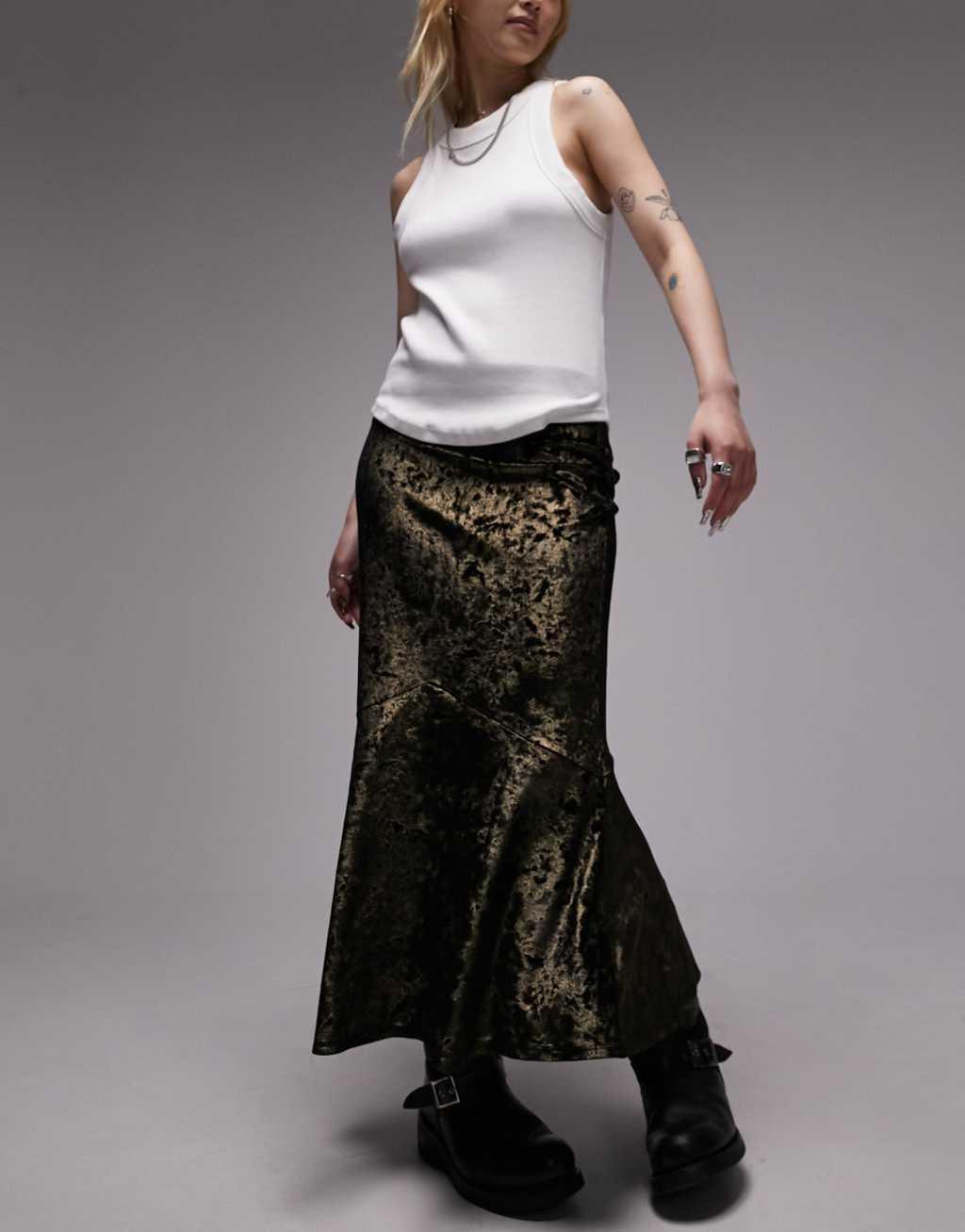  Topshop Petite crushed velvet fishtail maxi skirt in metallic gold  product image