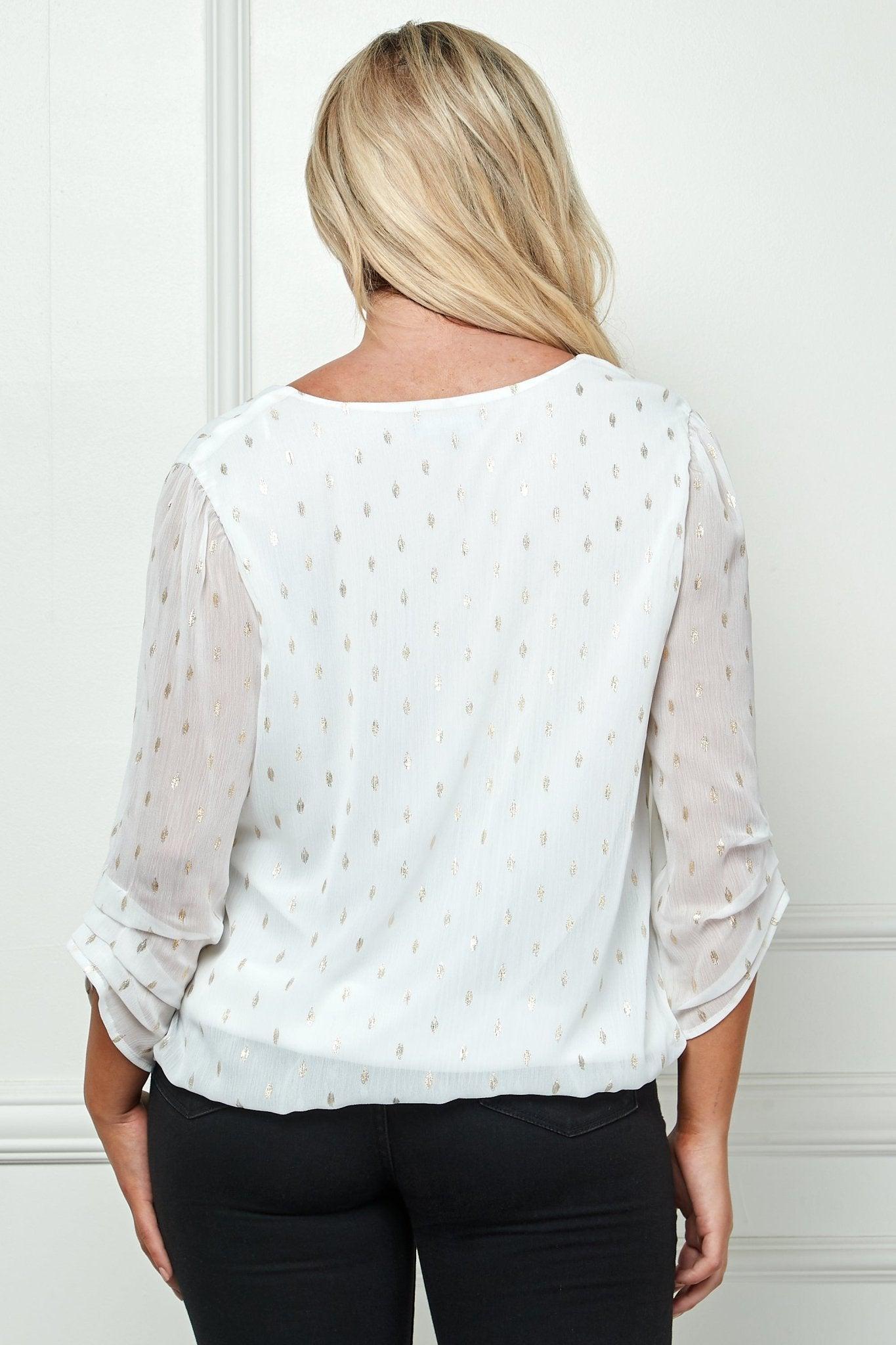 Sara Michelle Ivory & Gold 3/4 Step Sleeve V-Neck Chain Trim Bubble Blouse - Plus Product Image