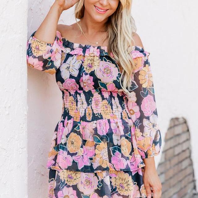 Spice It Up Black Floral Printed Off The Shoulder Dress FINAL SALE Product Image