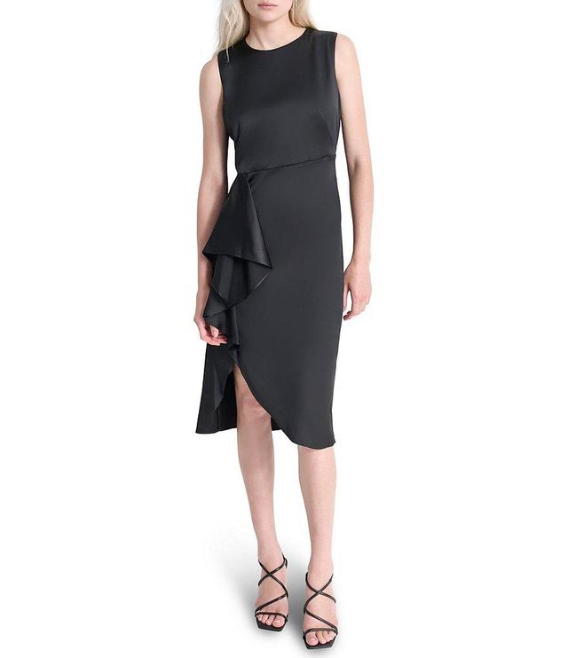 DKNY by Donna Karan Round Neck Ruffle Front Satin Dress Product Image