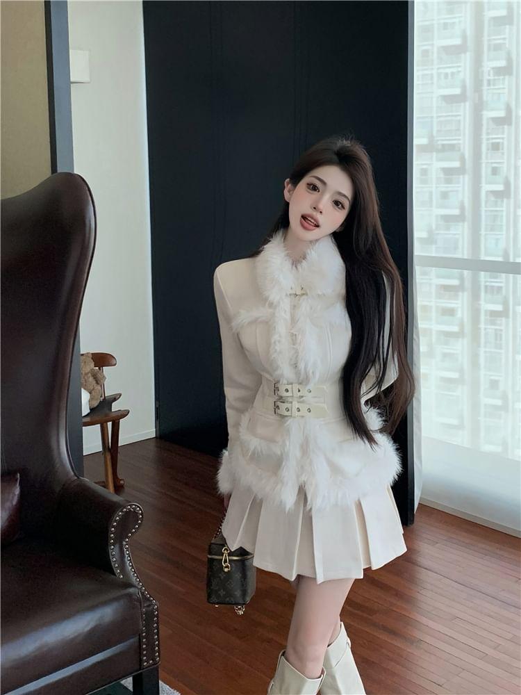 Set: Plain Fluffy Trim Buckled Jacket + High Waist Pleated Mini A-Line Skirt Product Image