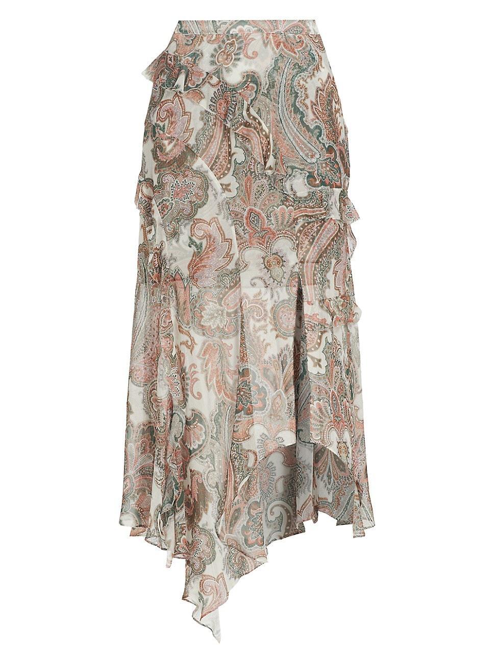 Womens Eleonora Ruffled Paisley Silk Midi-Skirt Product Image