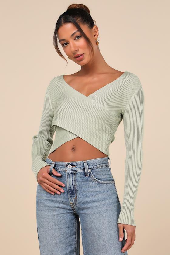 Exceptionally Confident Sage Ribbed Cross-Front Sweater Top Product Image