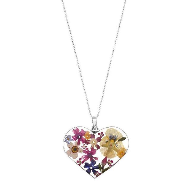 Sterling Silver Large Pressed Flower Heart Pendant Necklace, Womens Multicolor Product Image