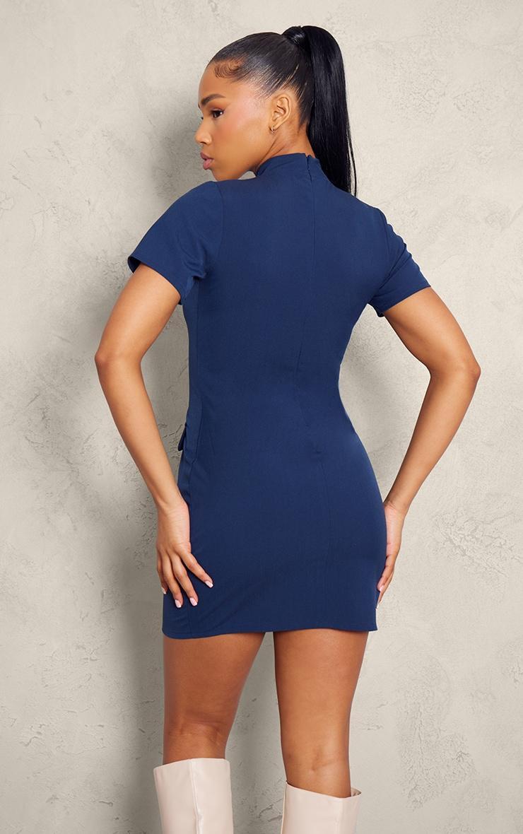 Navy Woven High Neck Pocket Bodycon Dress Product Image