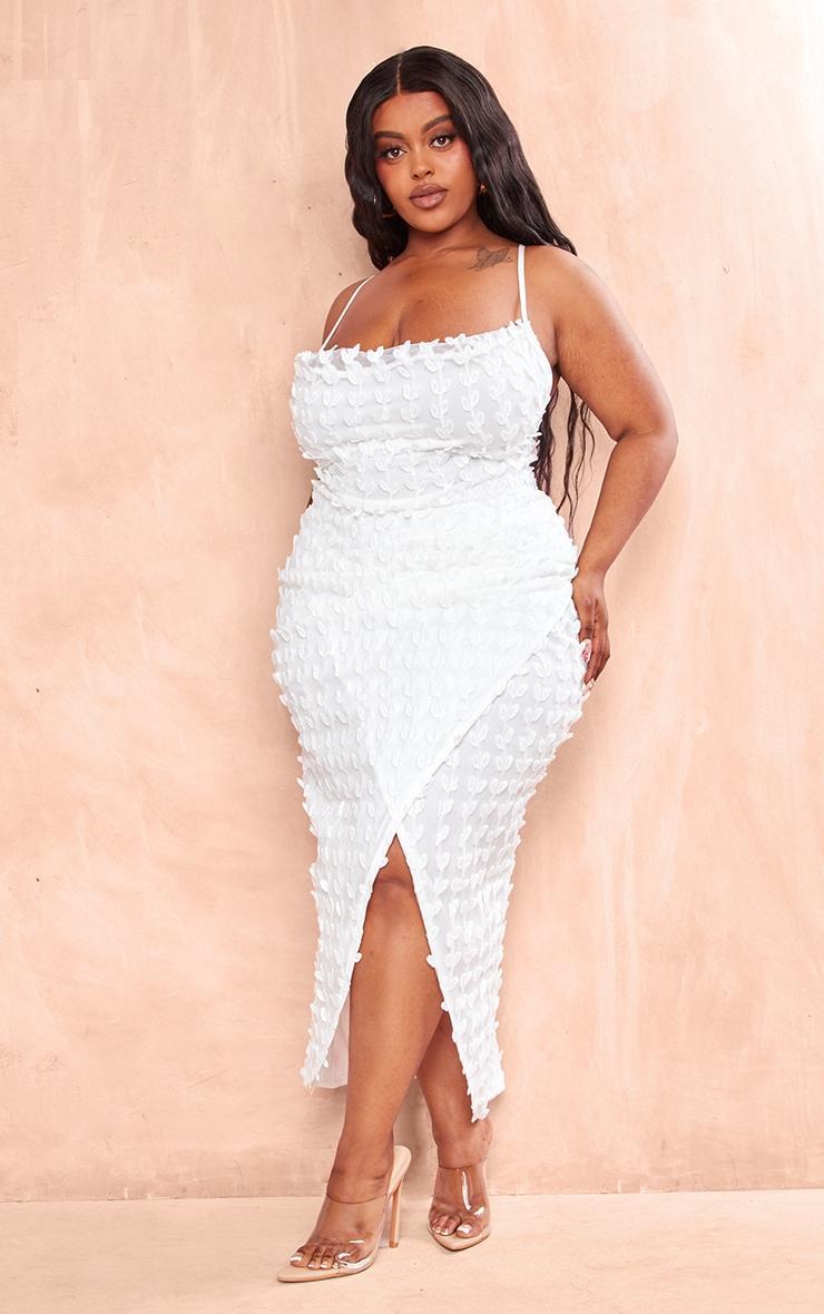 Plus White Lace Cowl Neck Lace Up Back Midi Dress Product Image