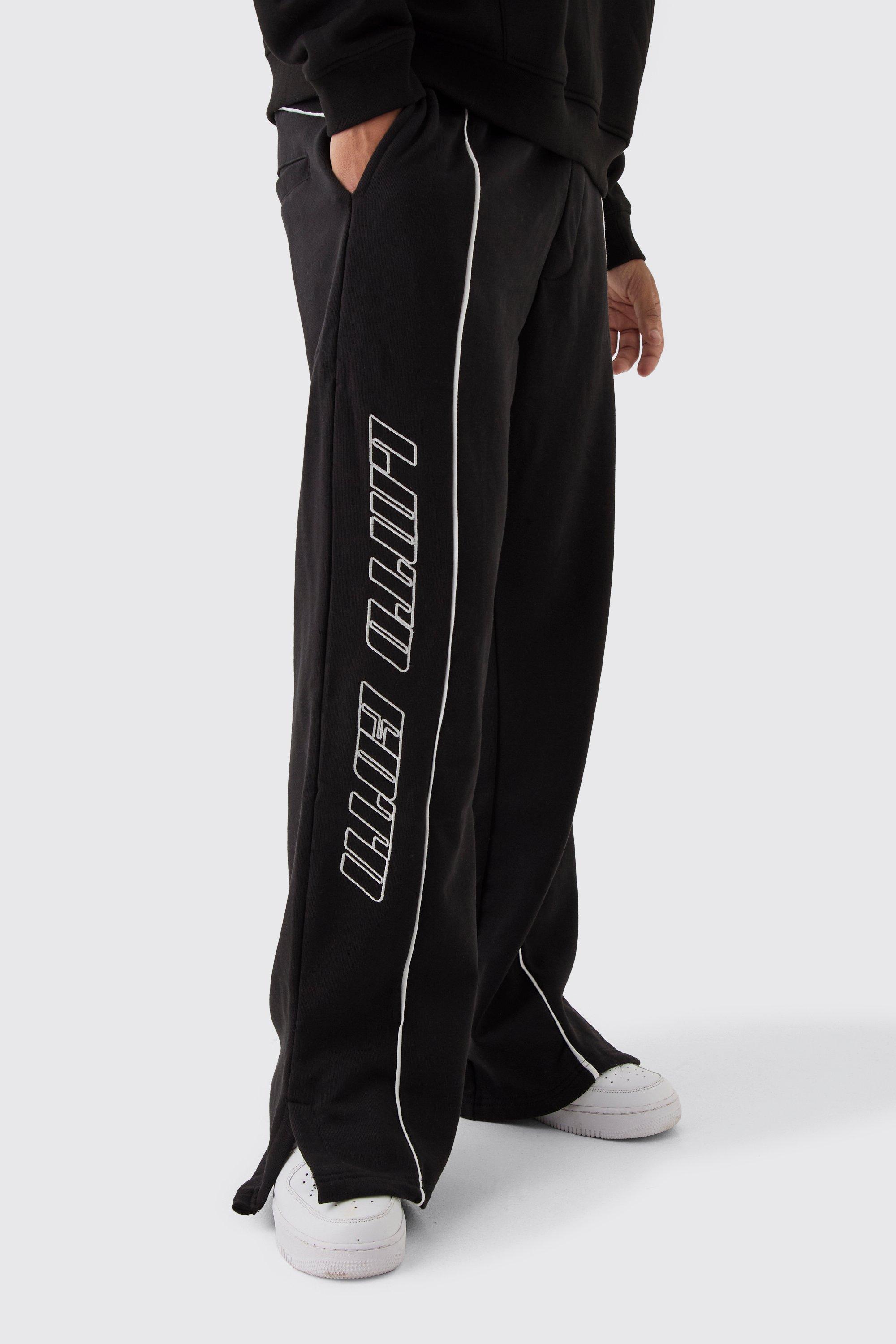 Straight fit Heavyweight Embroidered Piping Split Hem Sweatpants | boohooMAN USA Product Image