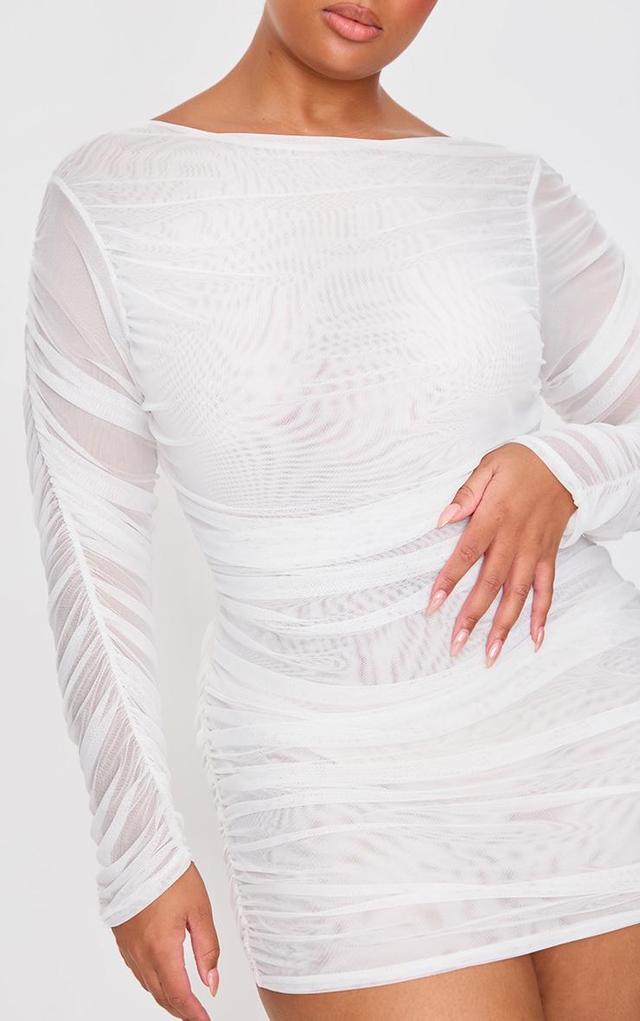 Premium White Double Layer Mesh Ruched Long Sleeve Bodycon Dress Product Image