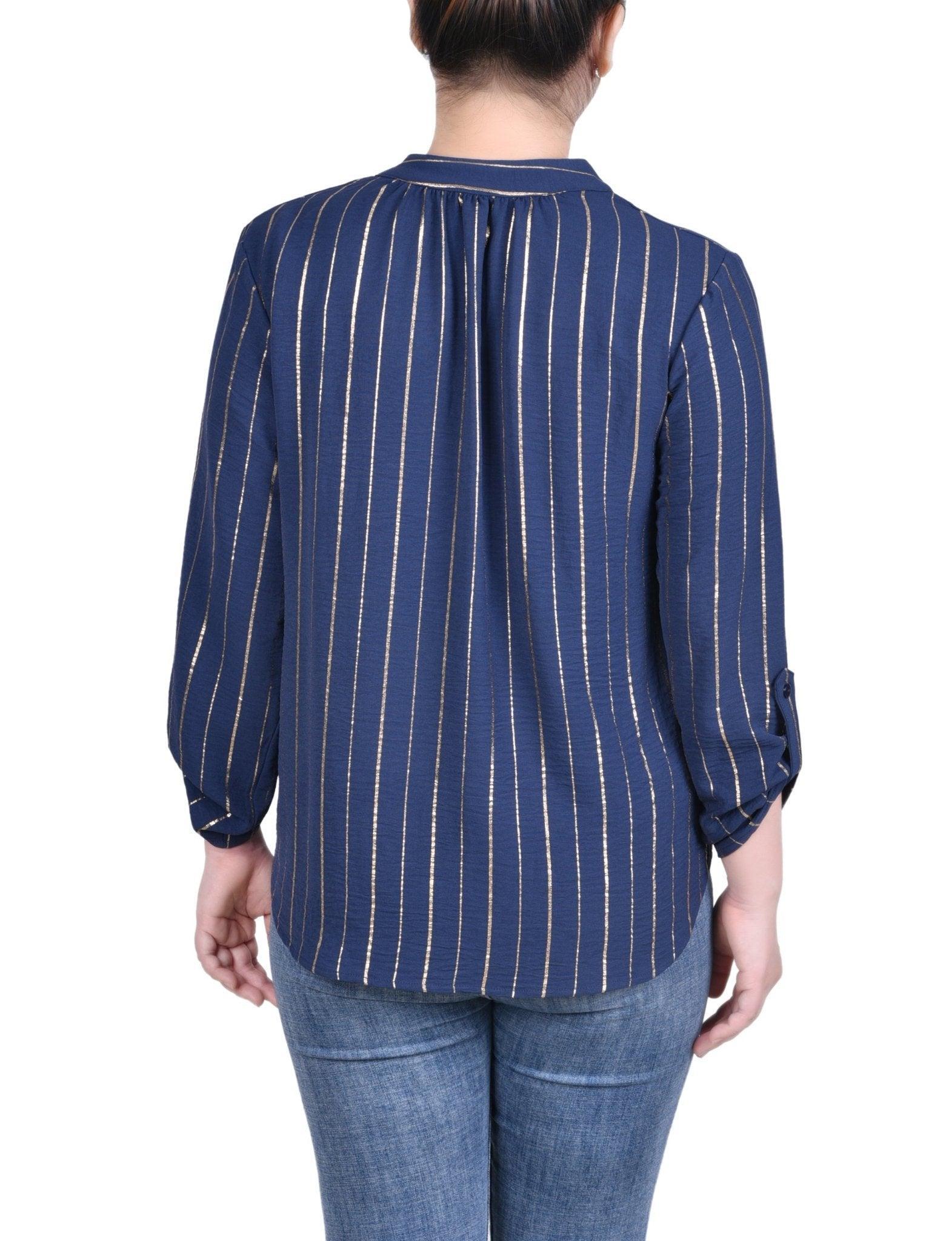 NY Collection Long Sleeve Foil Striped Blouse - Petite Product Image