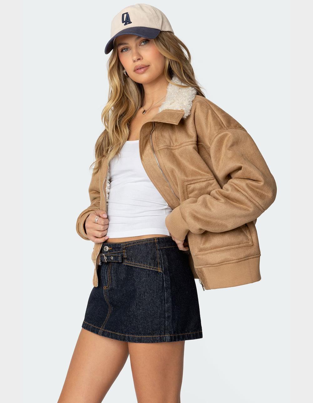 EDIKTED Faux Suede Shearling Bomber Jacket Product Image