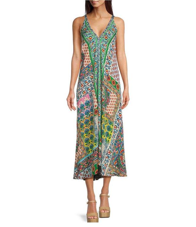 JOHNNY WAS Diskana Eva Woven Floral Print V-Neck Sleeveless Maxi Shift Dress Product Image