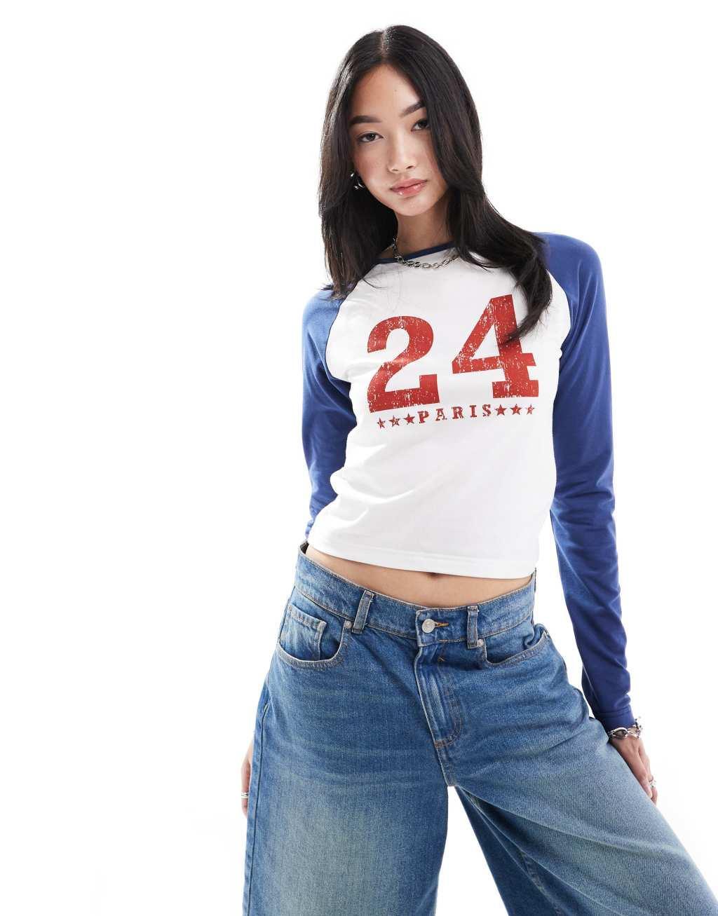 Daisy Street Paris 2024 long sleeve raglan tee in white and blue Product Image