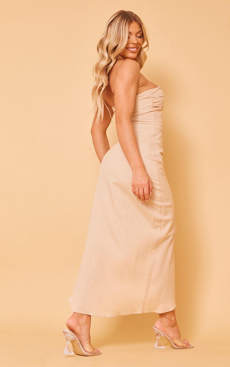 Stone Linen Bandeau Pleated Ruched Midi Dress Product Image