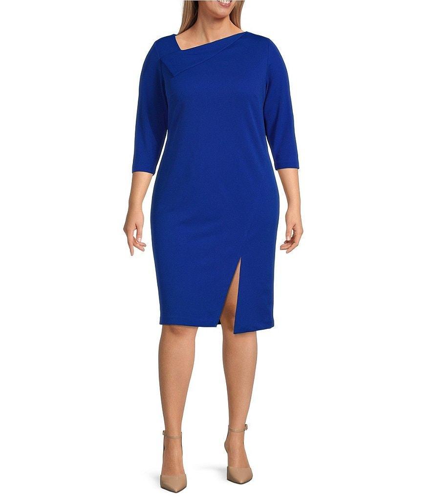 Calvin Klein Plus Size 3/4 Sleeve Asymmetrical Neck Front Slit Scuba Crepe Sheath Dress Product Image