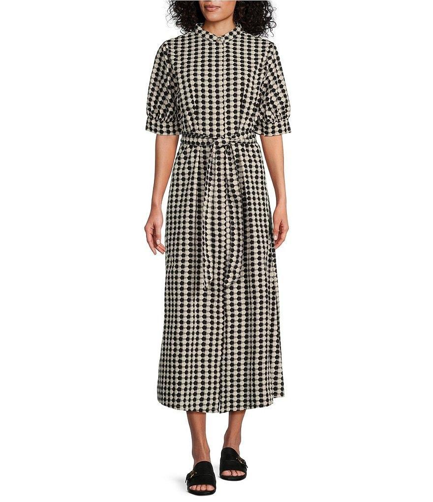 Bryn Walker Augustina Organic Cotton Poplin Checkered Print Banded Collar Elbow Puff Sleeve Belted Button-Front Midi Dress Product Image