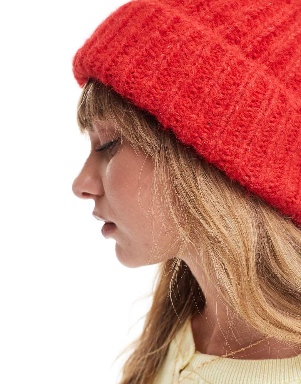 ASOS DESIGN chunky double roll fluffy beanie in red Product Image