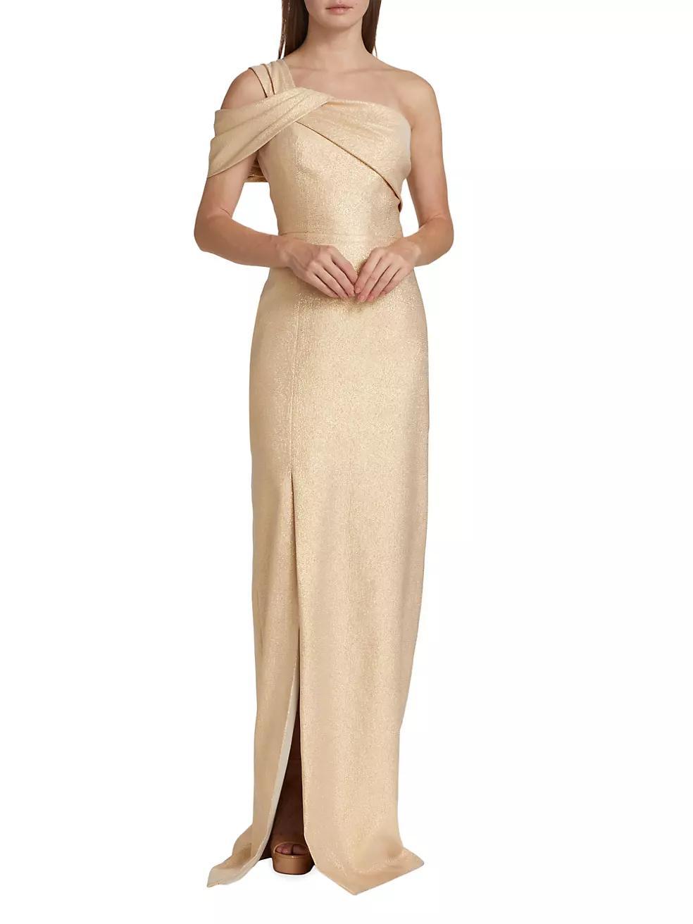 One-Shoulder Metallic-Jacquard Gown Product Image