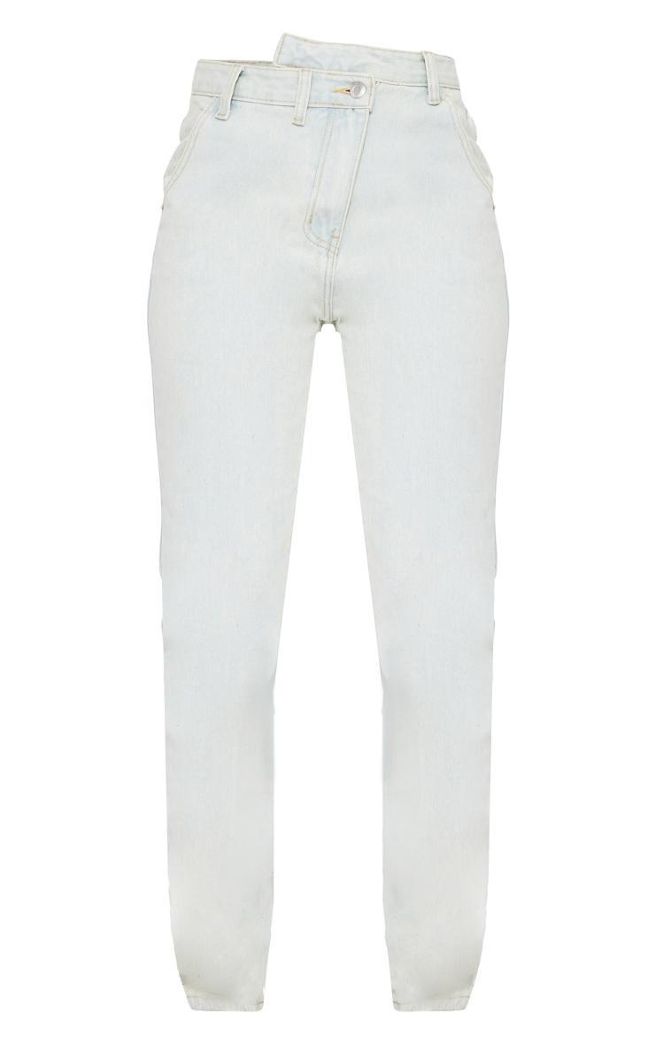 Ice Blue Vintage Wash Asymmetric Waistband Long Straight Leg Jeans Product Image