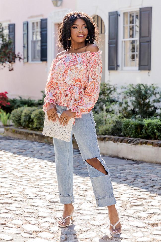 Off The Path Orange Paisley Off The Shoulder Belted Blouse FINAL SALE Product Image