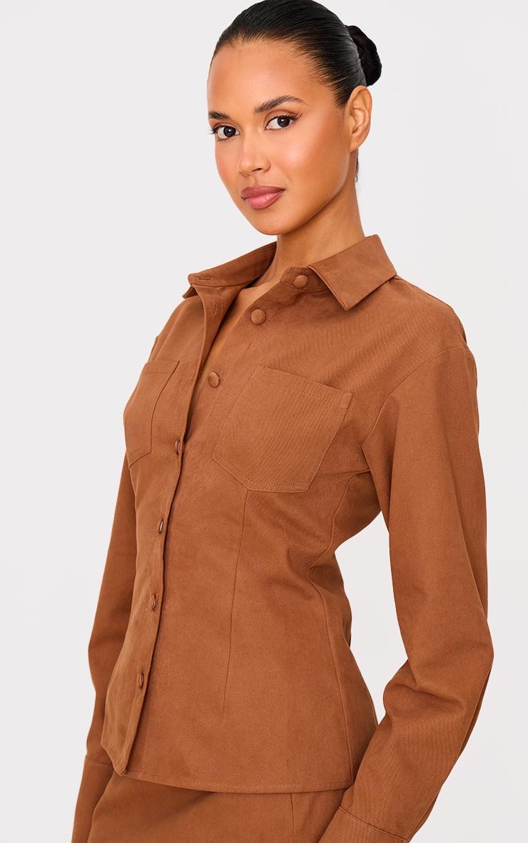  Tan Twill Button Up Cinched Waist Shirt Product Image