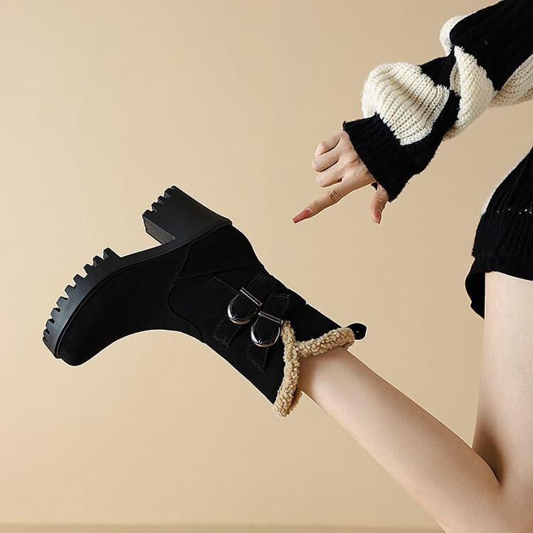 Chunky Heel Buckled Faux Suede Short Boots product image