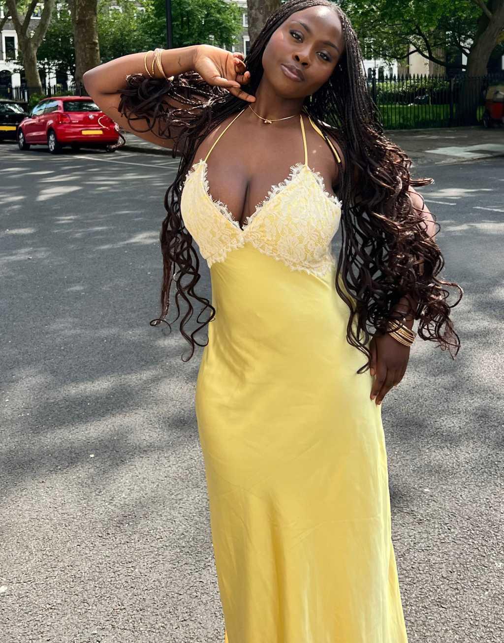 Labelrail x Sumbo Owoyele lace detail camisole satin maxi dress in yellow Product Image