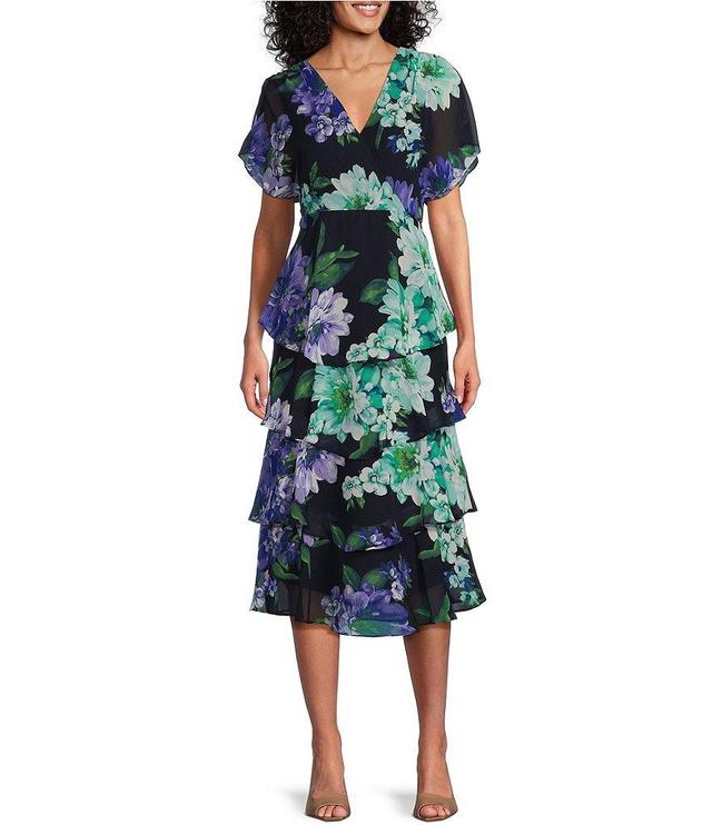 Ignite Evenings Short Sleeve V-Neck Tiered Floral Midi Dress Product Image