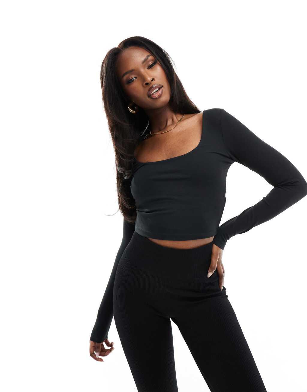 ASOS 4505 square neck long sleeve top with inner bra in soft touch fabric Product Image