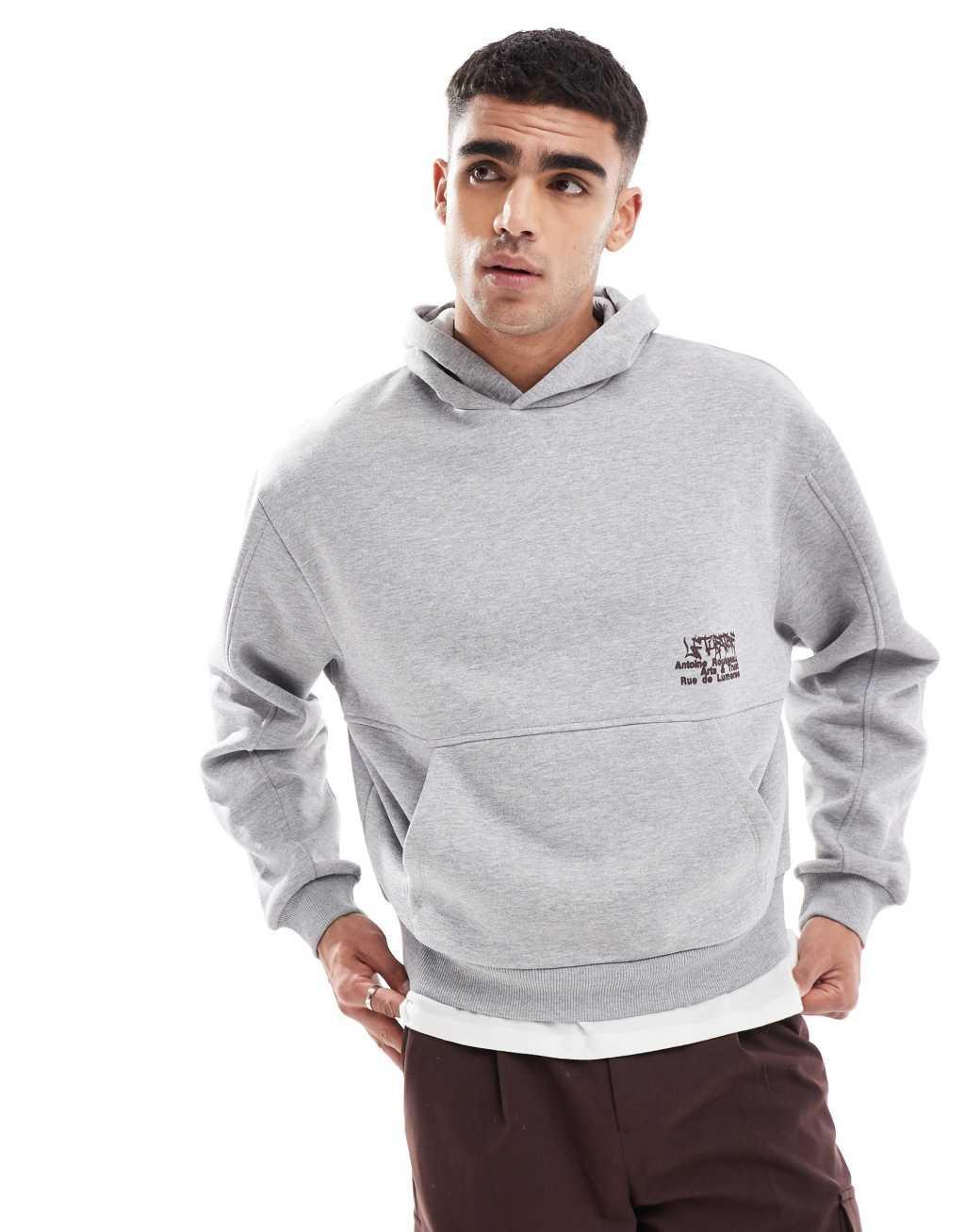 ASOS DESIGN oversized boxy hoodie with seam detail and graffiti print in gray heather Product Image