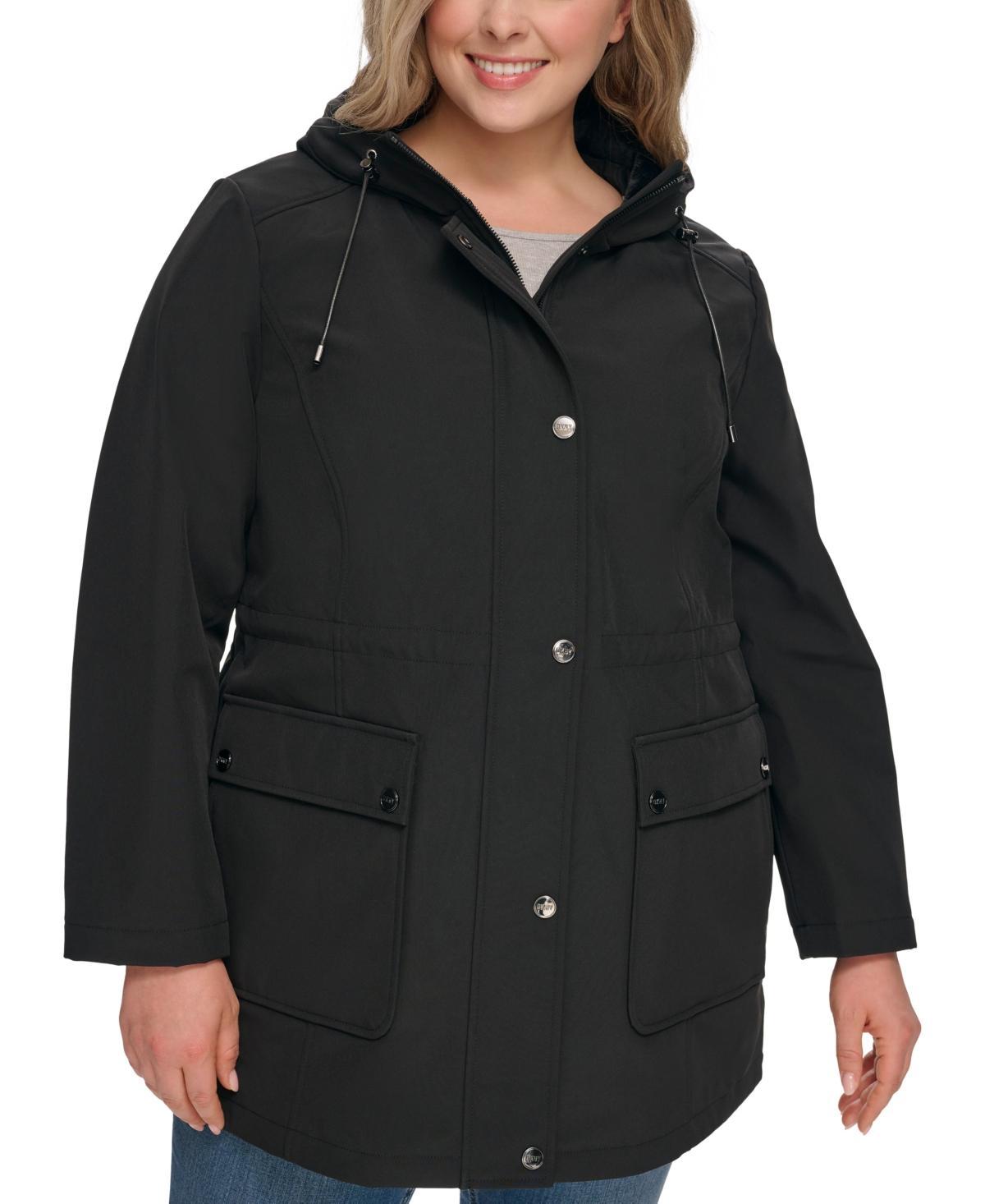 Dkny Womens Plus Size Drawstring-Hood Snap-Front Anorak Raincoat Product Image