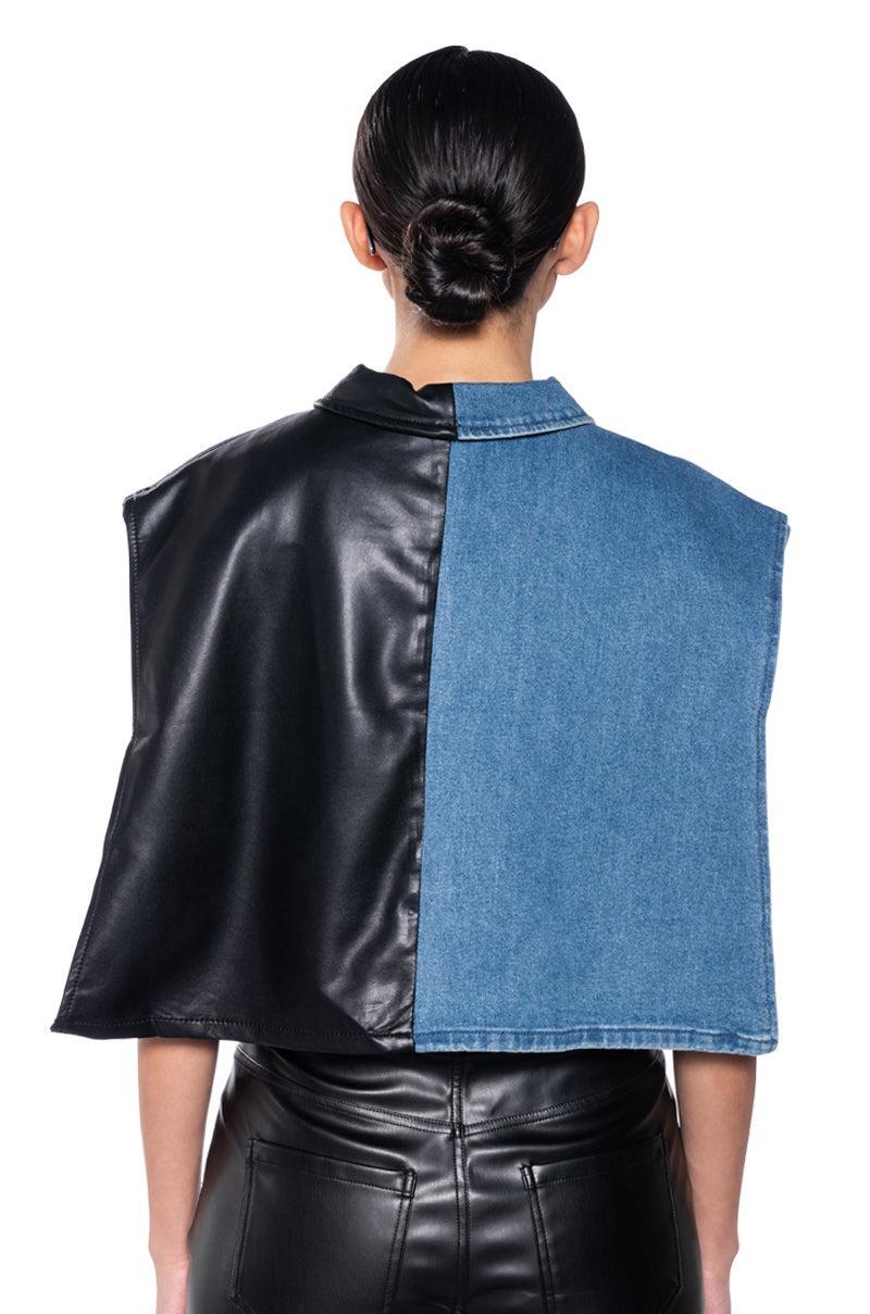 LOW RIDER HALF PU CROP DENIM VEST WITH CAPE Product Image