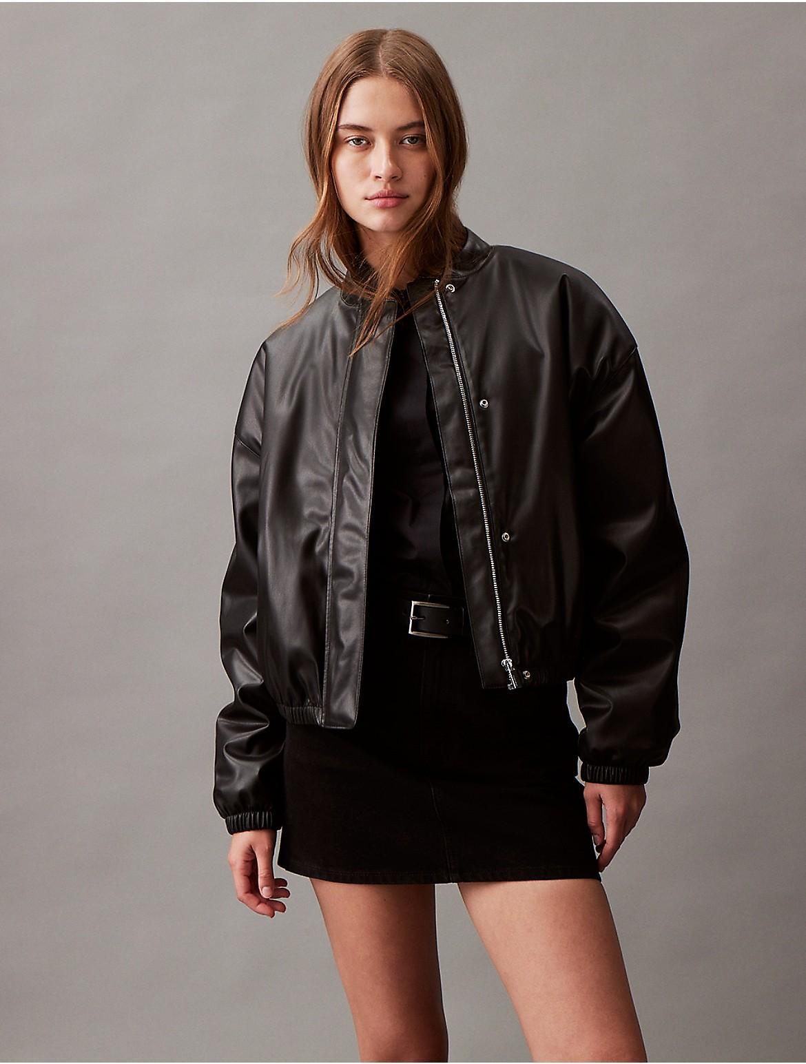 Calvin Klein Womens Faux Leather Bomber Jacket - Black - L Product Image