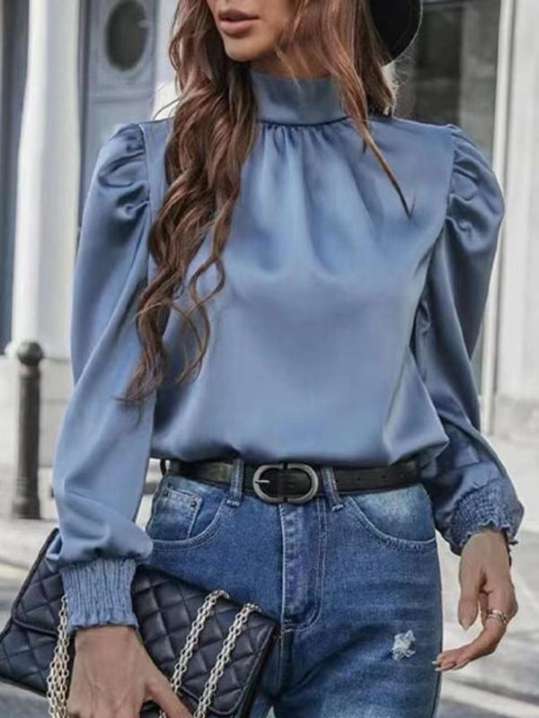 Loose Puff Sleeves Elasticity Hollow Pleated Split-Joint Stand Collar Blouses Product Image