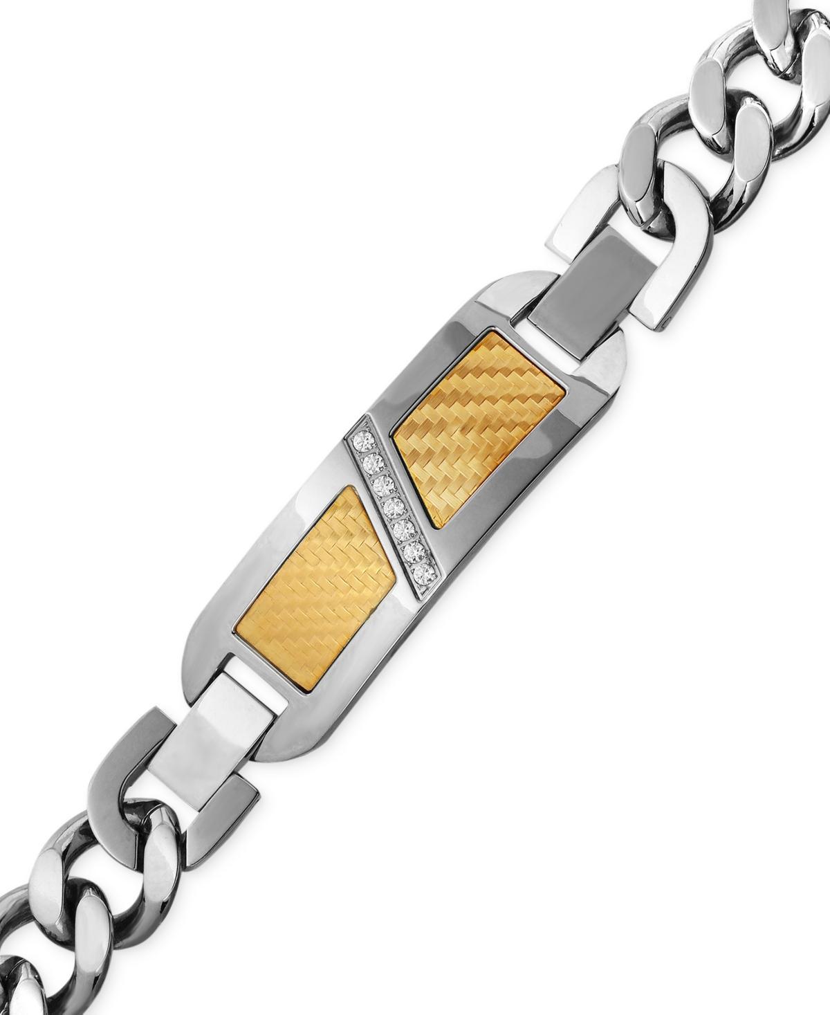 Mens Diamond (1/10 ct. t.w.) Decorative Plate Heavy Link Bracelet in Stainless Steel with 18k Gold Inlay Product Image