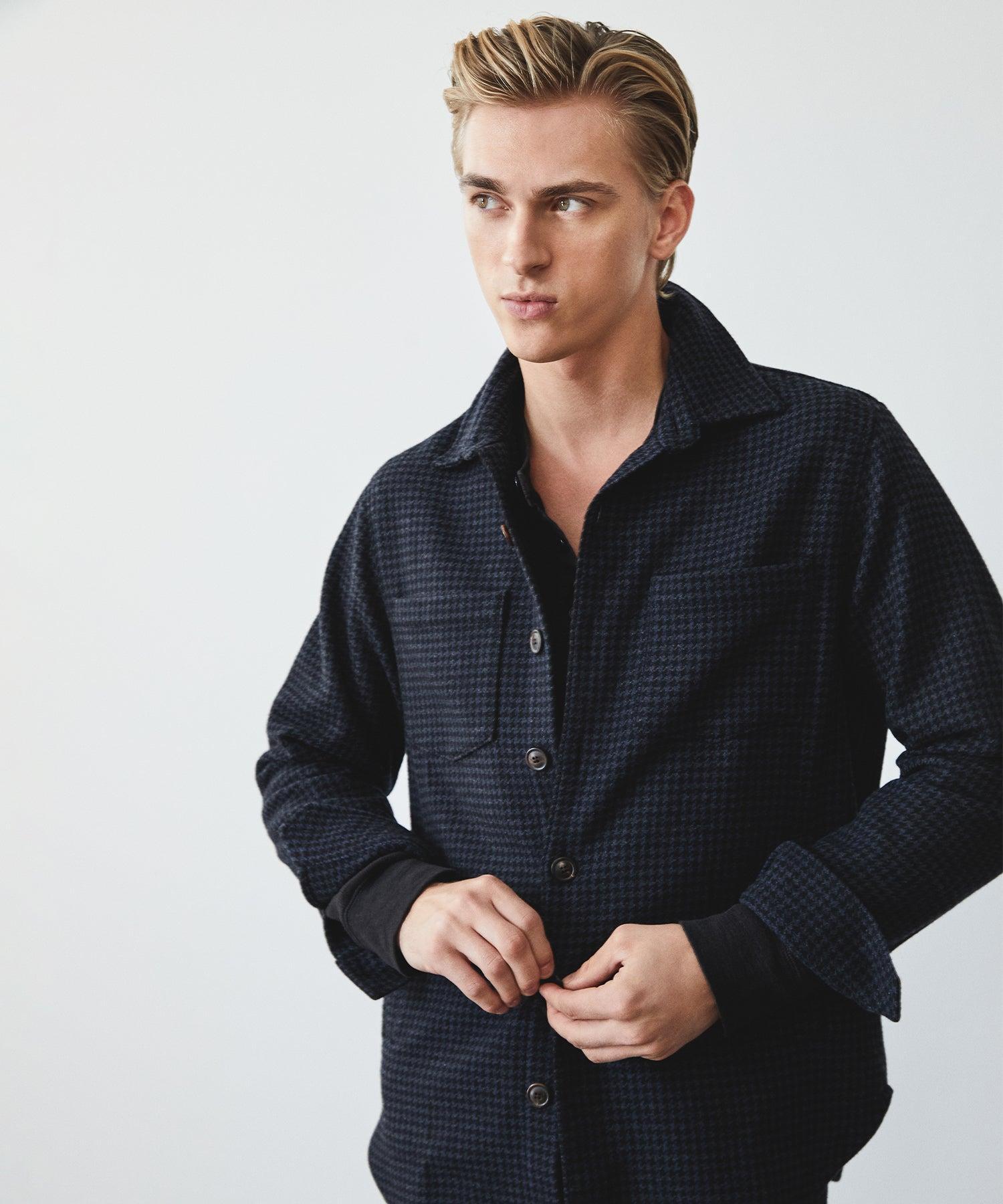 Houndstooth Cashmere Shirt Jacket in Navy Product Image