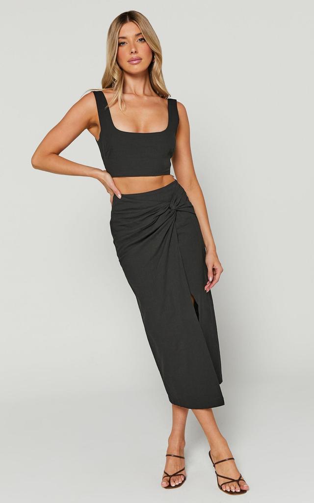 Gibson Two Piece Set - Linen Look Crop Top and Knot Front Midi Skirt Set in Black Product Image