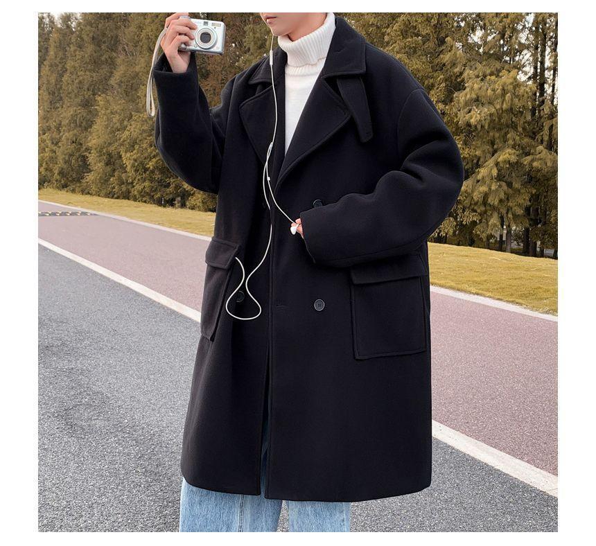 Long-Sleeve  Double-Breasted  Plain Woolen Coat Product Image