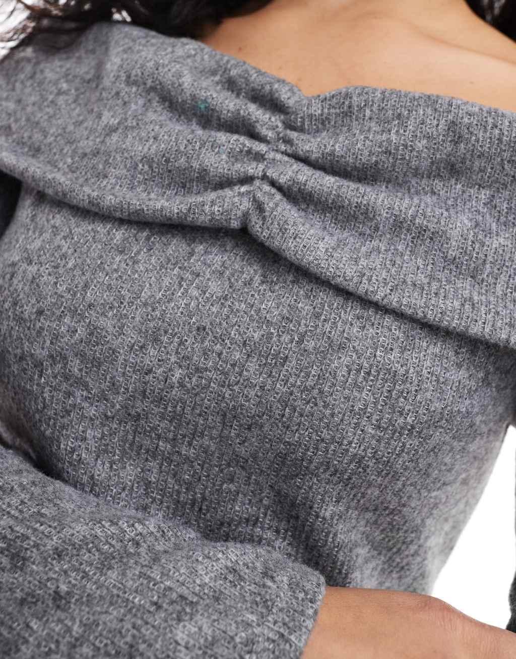 ONLY off-shoulder knit sweater in gray Product Image