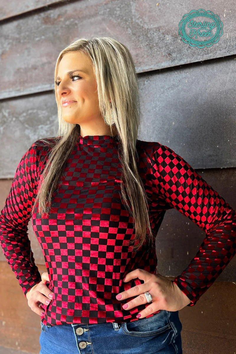 Sterling Kreek Red & Black Velvet Mesh Pep Rally Top Product Image