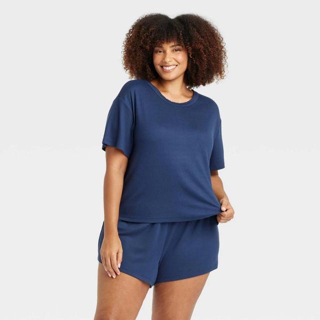 Womens Pointelle Short Sleeve Top and Shorts Pajama Set - Auden Navy Blue 1X Product Image