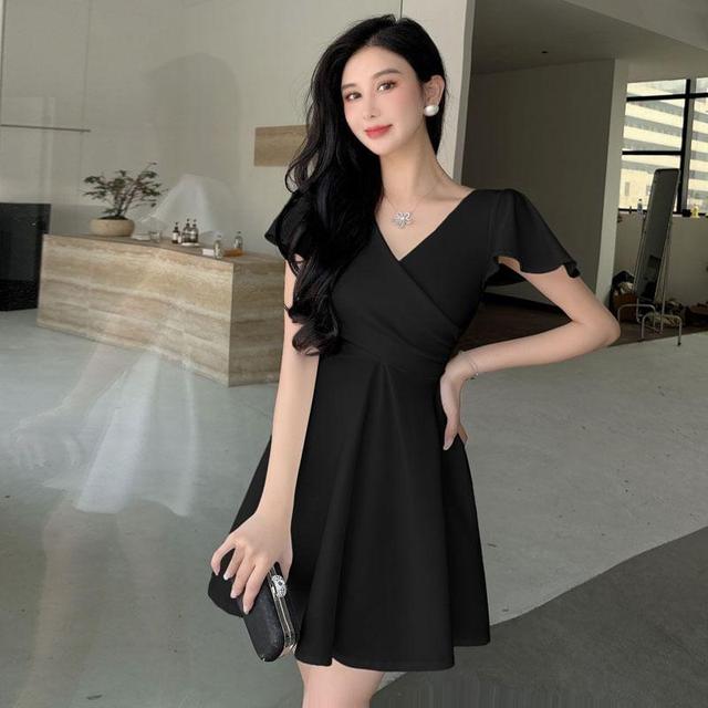 Cap-Sleeve V-Neck Plain Mini A-Line Dress Product Image