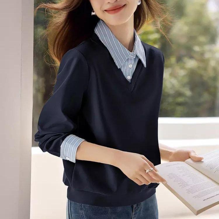 Mock Two-Piece Striped Panel Sweatshirt Product Image