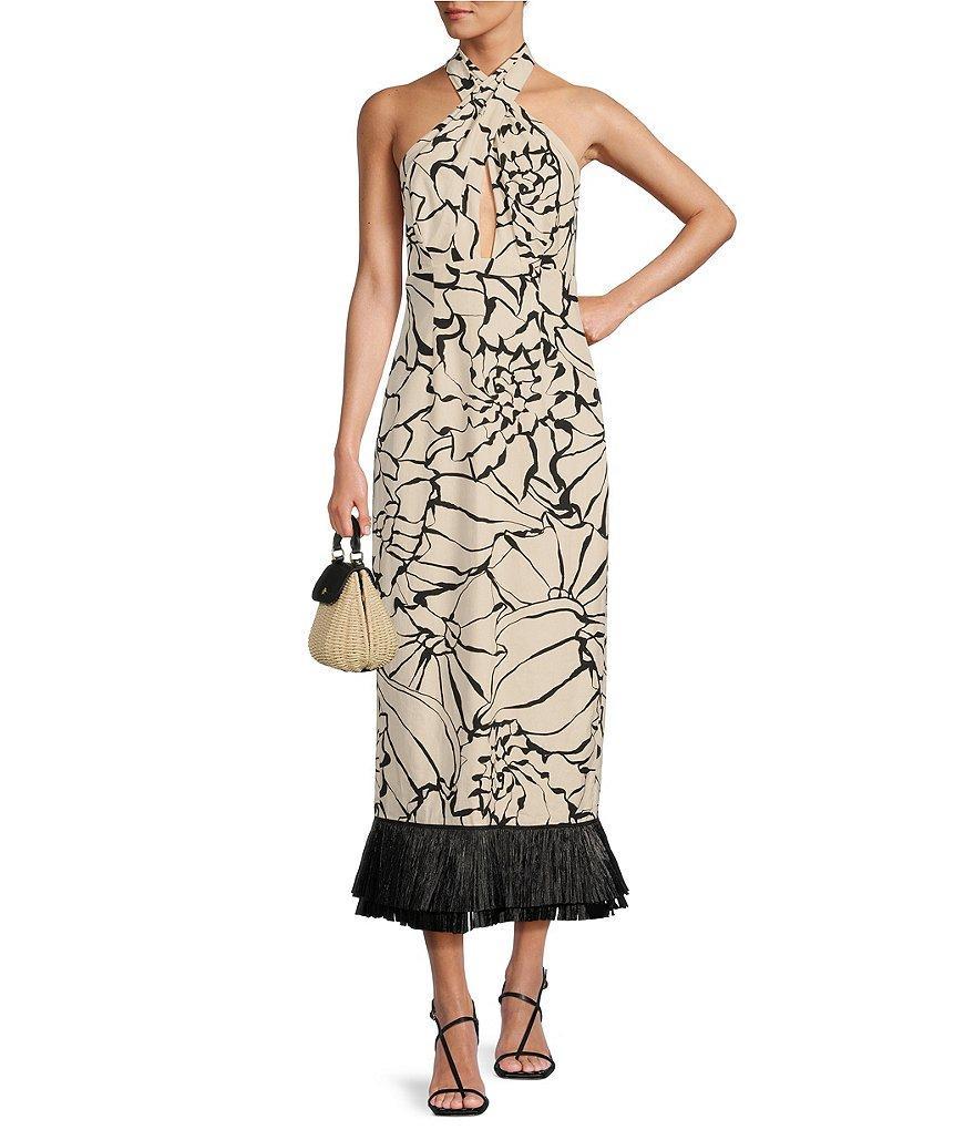 Antonio Melani x M.G. Style Sommers Halter Linen Blend Shell Print Fringe Detail Dress Product Image