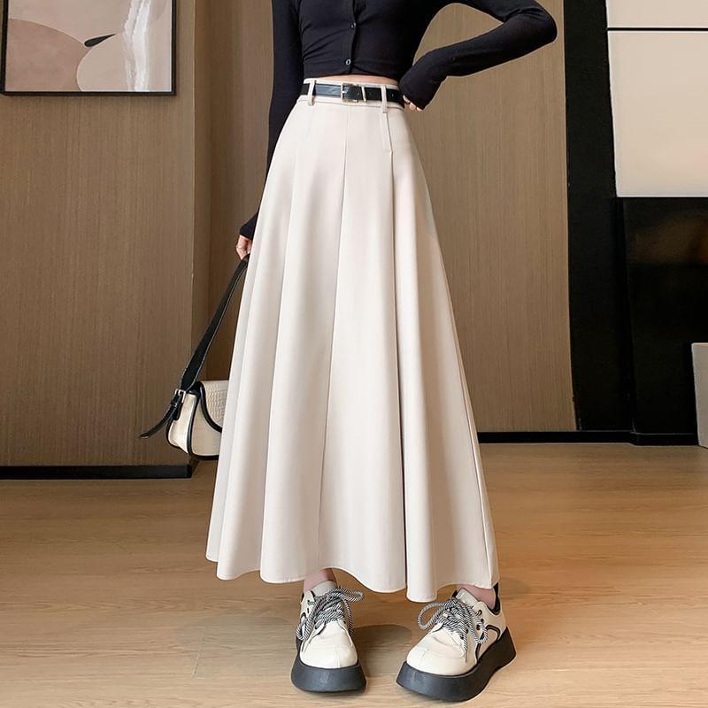 High Waist Plain Pleated Maxi A-Line Skirt Product Image