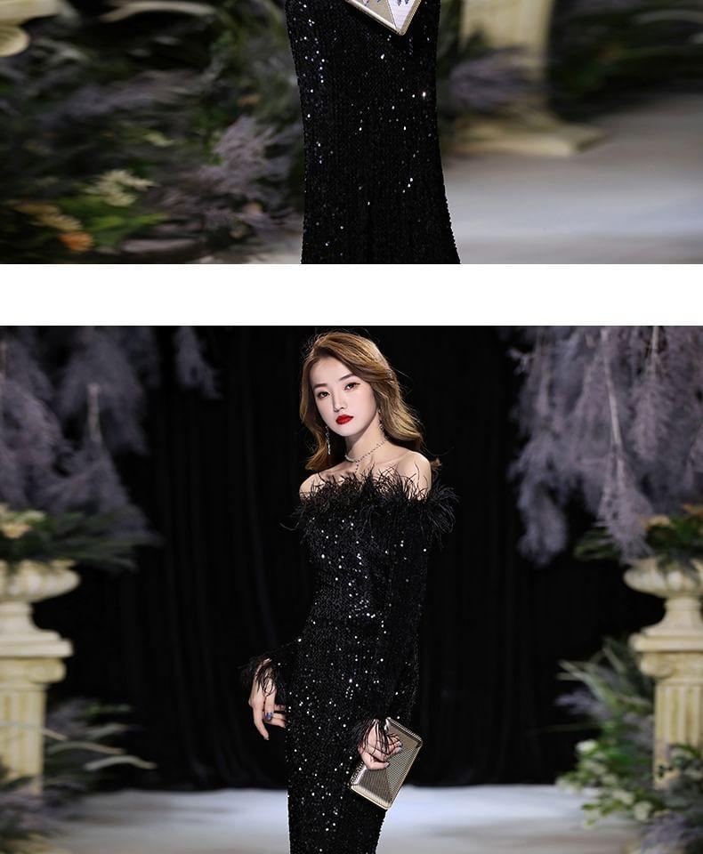 Long-Sleeve Off Shoulder Plain Sequin Feather Trim Sheath Evening Dress Product Image