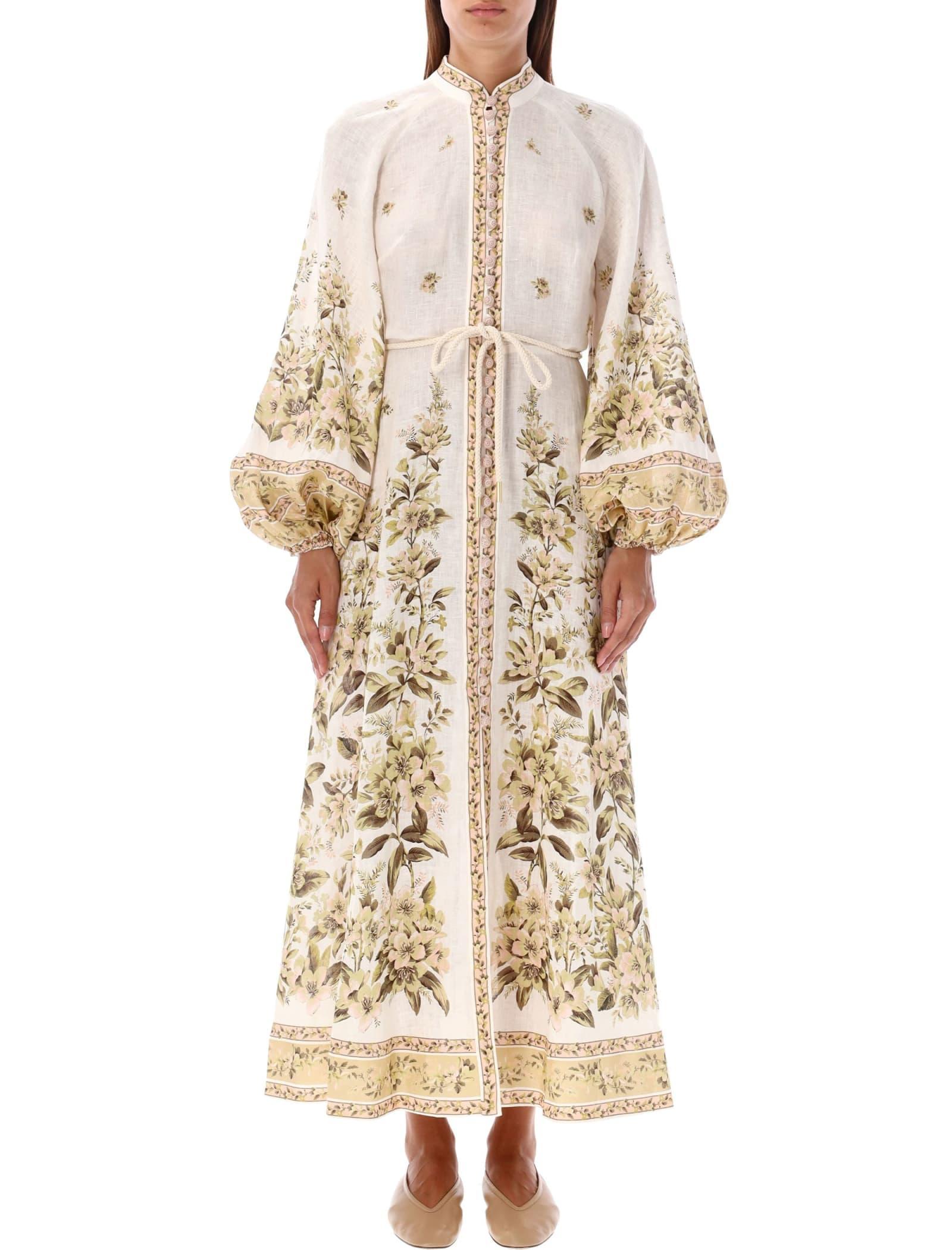 ZIMMERMANN Golden Floral Long Sleeve Buttoned Linen Dress In Sage Toile Floral Product Image