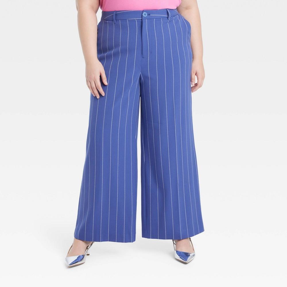 Womens High-Rise Wide Leg Trousers - Ava & Viv Blue Striped 17 Product Image