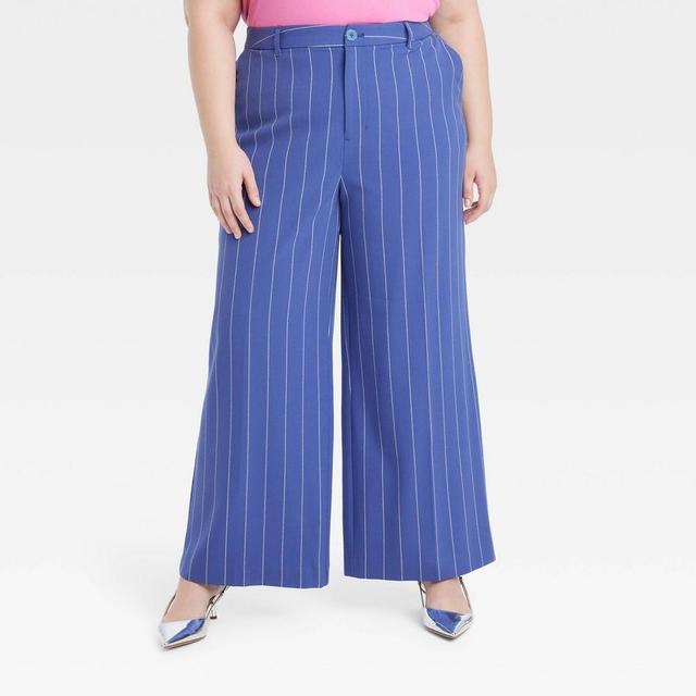 Womens High-Rise Wide Leg Trousers - Ava & Viv Blue Striped 24 Product Image