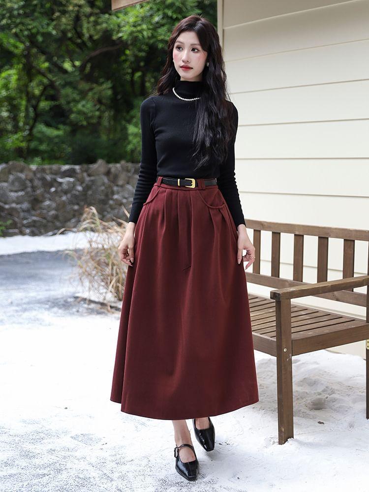 High Waist Plain Midi A-Line Pleated Skirt Product Image